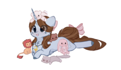 Size: 1212x704 | Tagged: safe, artist:php146, oc, oc only, oc:cassandra cassidy, pony, unicorn, bow, chibi, female, mare, plushie, prone, simple background, solo, tail bow, transparent background