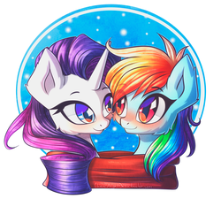 Size: 2440x2200 | Tagged: safe, artist:chaosangeldesu, rainbow dash, rarity, pony, g4, blushing, bust, clothes, female, high res, lesbian, looking at each other, scarf, shared clothing, shared scarf, sharing, ship:raridash, shipping