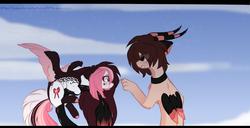 Size: 1600x816 | Tagged: safe, artist:php146, oc, oc only, oc:chelsi, oc:kodoku, draconequus, pegasus, pony, chibi, duo, female, imminent boop, mare, teary eyes