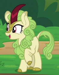 Size: 408x514 | Tagged: safe, screencap, spring glow, kirin, g4, sounds of silence, background kirin, cloven hooves, cropped, female, raised hoof, smiling, solo