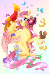Size: 2435x3684 | Tagged: safe, artist:djspark3, angel bunny, fluttershy, philomena, butterfly, pegasus, phoenix, pony, rabbit, squirrel, colored hooves, colored wings, colored wingtips, cute, female, flower, flower in hair, gradient background, head turn, looking at something, mare, multicolored wings, one wing out, raised hoof, shyabetes, sitting, sitting on wing, smiling, stray strand