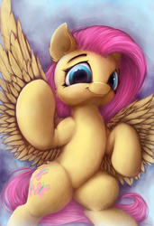 Size: 906x1328 | Tagged: safe, artist:hitbass, fluttershy, pegasus, pony, g4, abstract background, cute, female, flying, looking at you, mare, shyabetes, smiling, solo, spread wings, wings