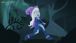 Size: 3999x2249 | Tagged: safe, artist:metalhead97, trixie, equestria girls, g4, boots, bush, cape, clothes, dress, fall formal outfits, female, forest, frightened, hat, high heel boots, high res, running, scared, scary, shoes, show accurate, solo, tree branch, trixie's cape, trixie's hat