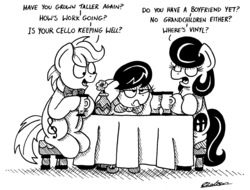 Size: 2124x1613 | Tagged: safe, artist:bobthedalek, octavia melody, oc, oc:mixed melody, oc:octavia's father, oc:octavia's mother, oc:ostinato melody, earth pony, pony, g4, black and white, covering ears, cup, flower, grayscale, implied vinyl scratch, ink drawing, inktober, inktober 2018, monochrome, mothers gonna mother, nagging, octavia is not amused, simple background, stool, table, teacup, that pony sure does want grandfoals, traditional art, unamused, vase, white background