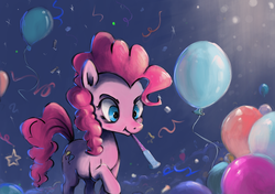 Size: 3253x2289 | Tagged: safe, artist:cookiedesu, pinkie pie, earth pony, pony, g4, balloon, female, high res, mare, noisemaker, party, ponk, solo, streamers