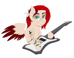 Size: 2069x1627 | Tagged: safe, artist:melpone, oc, oc only, oc:rhythm feather, pegasus, pony, guitar, male, simple background, solo, stallion, tattoo, transparent background