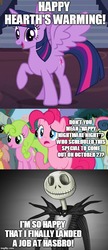 Size: 418x969 | Tagged: safe, edit, edited screencap, screencap, bon bon, daisy, dizzy twister, flower wishes, linky, orange swirl, pinkie pie, royal riff, shoeshine, spring melody, sprinkle medley, sweetie drops, twilight sparkle, alicorn, pony, g4, my little pony best gift ever, christmas, halloween, hearth's warming, hearth's warming eve, holiday, image macro, jack skellington, lampshade hanging, meme, nightmare night, schedule, text, the nightmare before christmas, twilight sparkle (alicorn)