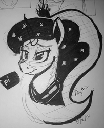 Size: 870x1072 | Tagged: safe, artist:post-it, princess luna, alicorn, pony, g4, bust, female, ink drawing, inktober, lidded eyes, mare, monochrome, peytral, regalia, simple background, sketch, smiling, solo, traditional art, white background