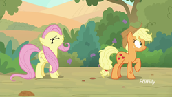 Size: 1920x1080 | Tagged: safe, screencap, applejack, fluttershy, earth pony, pegasus, pony, g4, sounds of silence, duo, eyes closed, female, mare, messy mane, raised hoof, scrunchy face