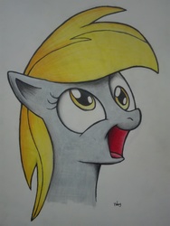 Size: 3120x4160 | Tagged: safe, artist:2387528112, derpy hooves, pegasus, pony, g4, bust, colored pencil drawing, female, mare, open mouth, simple background, smiling, solo, traditional art, white background