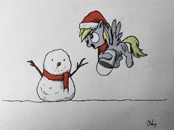 Size: 1040x780 | Tagged: safe, artist:2387528112, derpy hooves, pegasus, pony, g4, bucket, christmas, clothes, colored pencil drawing, female, hat, holding, holiday, mare, open mouth, santa hat, scarf, simple background, smiling, snow, snowman, solo, traditional art, white background