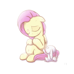 Size: 2000x2000 | Tagged: safe, artist:2387528112, angel bunny, fluttershy, pegasus, pony, g4, cute, eyes closed, female, floppy ears, folded wings, high res, mare, pregnant, shyabetes, simple background, sitting, smiling, white background, wings, worried