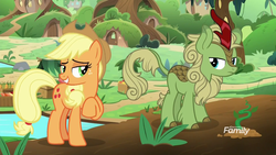 Size: 1920x1080 | Tagged: safe, screencap, applejack, forest fall, earth pony, kirin, pony, g4, sounds of silence, aside glance, background kirin, cloven hooves, cowboy hat, duo, female, hat, male, mare, raised hoof