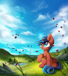 Size: 2865x3200 | Tagged: safe, artist:kaleido-art, oc, oc only, pony, unicorn, commission, crescent moon, glowing horn, high res, horn, moon, open mouth, pond, raised hoof, rock, scenery, sitting, solo, tree