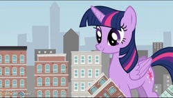Size: 1280x720 | Tagged: safe, twilight sparkle, alicorn, pony, g4, building, cute, destruction, female, giant pony, goanimate, macro, solo, this will end in grounding, twiabetes, twilight sparkle (alicorn), wat