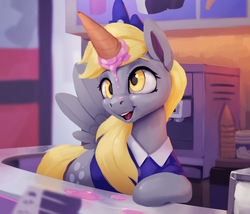 Size: 1200x1026 | Tagged: safe, artist:rodrigues404, derpy hooves, pegasus, pony, g4, clothes, dropped ice cream, fake horn, female, food, ice cream, ice cream cone, ice cream horn, jewelry, mare, shirt, solo, tiara