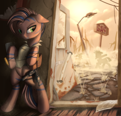 Size: 1700x1623 | Tagged: safe, artist:lightly-san, oc, oc only, earth pony, pony, fallout equestria, bipedal, commission, door, gun, hiding, raider, silhouette, solo focus, wasteland, weapon