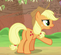 Size: 409x373 | Tagged: safe, screencap, applejack, earth pony, pony, g4, sounds of silence, butt, cropped, female, mare, plot, solo