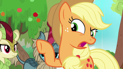 Size: 1280x720 | Tagged: safe, screencap, applejack, sparkling brook, spring glow, earth pony, kirin, pony, g4, sounds of silence, background kirin, female, mare, open mouth, solo focus