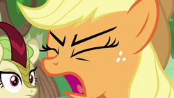 Size: 1280x720 | Tagged: safe, screencap, applejack, spring glow, kirin, pony, g4, sounds of silence, angry, eyes closed, female, mare, open mouth, solo focus