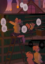 Size: 2500x3520 | Tagged: safe, artist:lumo, pinkie pie, earth pony, anthro, comic:lumo's pony academy, g4, bookshelf, clothes, comic, dialogue, high res, ladder, library, pony academy (chapter 6), uniform