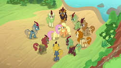 Size: 1280x720 | Tagged: safe, screencap, applejack, autumn afternoon, cinder glow, fern flare, fluttershy, forest fall, maple brown, pumpkin smoke, sparkling brook, spring glow, summer flare, winter flame, earth pony, kirin, pegasus, pony, g4, sounds of silence, applejack's hat, background kirin, cloven hooves, cowboy hat, female, hat, mare, surrounded