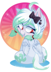 Size: 1220x1720 | Tagged: safe, artist:zombie, oc, oc only, pegasus, pony, blushing, bow, cute, ear piercing, female, looking back, piercing, simple background, sitting, solo, transparent background