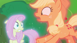 Size: 1280x720 | Tagged: safe, screencap, applejack, fluttershy, earth pony, pegasus, pony, g4, sounds of silence, duo, female, magic, magic aura, mare, scared, telekinesis