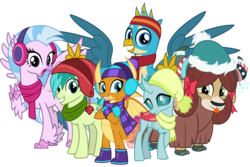 Size: 6000x4000 | Tagged: safe, artist:cheezedoodle96, gallus, ocellus, sandbar, silverstream, smolder, yona, changedling, changeling, classical hippogriff, dragon, earth pony, griffon, hippogriff, pony, yak, best gift ever, g4, .svg available, :p, absurd resolution, boots, bunny ears (gesture), clothes, cloven hooves, crossed arms, crossed legs, cute, cuteling, diaocelles, diastreamies, earmuffs, excited, female, gallabetes, gasp, gloves, group, group photo, happy, hat, looking at you, male, mittens, monkey swings, open mouth, peace sign, pose, sandabetes, scarf, shoes, shy, silly, simple background, smiling, smolderbetes, spread wings, striped scarf, student six, svg, teenager, tongue out, transparent background, vector, wings, winter outfit, yonadorable
