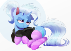 Size: 2000x1438 | Tagged: safe, artist:ncmares, trixie, pony, unicorn, g4, clothes, cute, female, hoodie, mare, nose wrinkle, simple background, smug, socks, solo, striped socks, thigh highs, white background