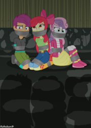 Size: 755x1057 | Tagged: safe, artist:robukun, adagio dazzle, apple bloom, aria blaze, scootaloo, sonata dusk, sweetie belle, equestria girls, g4, bondage, boots, bound and gagged, crying, cutie mark crusaders, damsel in distress, gag, help us, kidnapped, shadow, shoes, tape bondage, tape gag, the dazzlings, tied up