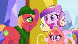 Size: 1280x720 | Tagged: safe, artist:carouselunique, big macintosh, princess cadance, oc, oc:honeycrisp blossom, g4, my little pony best gift ever, alternate universe, cadmac, christmas, christmas ornament, decoration, female, hearth's warming eve, holiday, husband and wife, male, offspring, parent:big macintosh, parent:princess cadance, parents:cadmac, pegasus cadance, ponyville, scene interpretation, shipping, straight, twilight's castle, what if