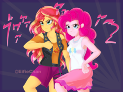 Size: 4000x3000 | Tagged: safe, artist:katakiuchi4u, pinkie pie, sunset shimmer, equestria girls, g4, my little pony equestria girls: better together, anime, clothes, crossover, female, gold experience requiem, jacket, jojo pose, jojo's bizarre adventure, leather, leather jacket, miniskirt, missing accessory, new outfit, skirt, smiling, sunburst background