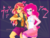 Size: 4000x3000 | Tagged: safe, artist:katakiuchi4u, pinkie pie, sunset shimmer, equestria girls, equestria girls series, g4, anime, clothes, crossover, female, gold experience requiem, jacket, jojo pose, jojo's bizarre adventure, leather, leather jacket, miniskirt, missing accessory, new outfit, skirt, smiling, sunburst background