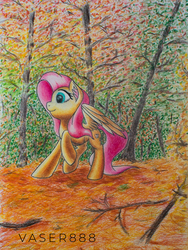 Size: 750x1000 | Tagged: safe, artist:vaser888, fluttershy, pegasus, pony, g4, autumn, ear fluff, female, looking away, mare, outdoors, profile, raised hoof, smiling, solo, spread wings, standing, traditional art, tree, wings