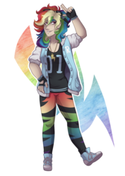 Size: 3507x4960 | Tagged: safe, artist:monnarcha, rainbow dash, human, g4, absurd resolution, clothes, converse, female, humanized, jacket, pants, shoes, simple background, smiling, solo, transparent background