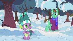 Size: 1280x720 | Tagged: artist needed, safe, edit, edited screencap, screencap, spike, oc, oc:ian, dragon, earth pony, pony, g4, my little pony best gift ever, clothes, duo, fanfic, fanfic art, fanfic cover, forest, hat, lost, male, opportunity, scared, scarf, snow, stallion, striped scarf, sweater, tree, winged spike, wings, winter outfit