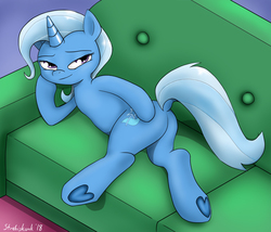 Size: 1231x1052 | Tagged: safe, artist:strebiskunk, trixie, pony, unicorn, g4, road to friendship, butt, couch, dock, draw me like one of your french girls, female, frog (hoof), mare, plot, signature, solo, underhoof