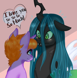 Size: 1200x1213 | Tagged: safe, artist:sonysosony, queen chrysalis, oc, changeling, changeling queen, pony, unicorn, g4, blushing, commission, duo, female, looking at each other, male, stallion, sweat, ych result