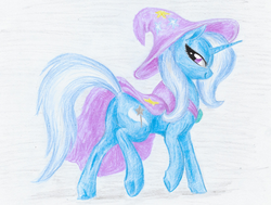 Size: 1128x851 | Tagged: safe, artist:t72b, derpibooru exclusive, trixie, pony, unicorn, g4, butt, cape, clothes, female, hat, looking at you, plot, raised hoof, smug, solo, traditional art, walking