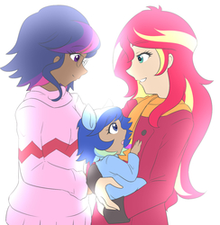 Size: 1280x1314 | Tagged: safe, artist:jonfawkes, sci-twi, sunset shimmer, twilight sparkle, oc, oc:sparkling sapphire, ask human octavia, series:sciset diary, equestria girls, g4, baby, clothes, coat, crossover, dark skin, family, female, human coloration, lesbian, magical lesbian spawn, mother and daughter, offspring, parent:sci-twi, parent:sunset shimmer, parents:scitwishimmer, ship:sci-twishimmer, ship:sunsetsparkle, shipping