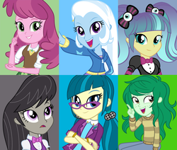 Size: 1252x1064 | Tagged: safe, artist:themexicanpunisher, cheerilee, juniper montage, octavia melody, pixel pizazz, trixie, wallflower blush, equestria girls, g4, official, alternate mane six, alternate universe, female, glasses, group, pigtails, sextet, the windy six, twintails, vector