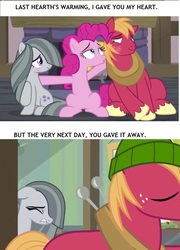Size: 866x1200 | Tagged: safe, edit, edited screencap, screencap, big macintosh, marble pie, pinkie pie, earth pony, pony, g4, hearthbreakers, my little pony best gift ever, blushing, female, hat, heartbreak, heartbroken marble, lyrics, male, mare, pain, sad, shipping denied, side chick, song reference, stallion, text