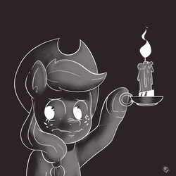 Size: 1200x1200 | Tagged: safe, artist:raph13th, applejack, earth pony, pony, g4, black background, candle, cowboy hat, dexterous hooves, female, grayscale, hat, hoof hold, how do hooves work?, magnetic hooves, mare, monochrome, simple background, solo, underhoof, wavy mouth