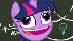 Size: 1920x1080 | Tagged: safe, screencap, twilight sparkle, alicorn, pony, best gift ever, chalkboard, crazy face, creepy, derp, discovery family logo, faic, female, here we go again, it begins, lightbulb, mare, meme origin, open mouth, pudding face, solo, twilight snapple, twilight sparkle (alicorn), twilight sparkle is best facemaker, wall eyed, wat