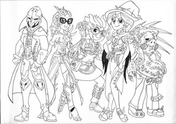 Size: 2416x1700 | Tagged: safe, artist:jmkplover, sci-twi, snails, snips, sunset shimmer, twilight sparkle, oc, oc:roy starfall, equestria girls, g4, black and white, crossover, dr. junkenstein, grayscale, junkrat, lineart, monochrome, overwatch, reaper (overwatch), roadhog (overwatch), shimmercy, symmetra, witch mercy