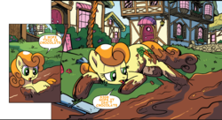 Size: 720x393 | Tagged: safe, artist:pencils, edit, idw, carrot top, golden harvest, g4, comic, mud, text edit, that's not chocolate