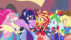 Size: 1920x1080 | Tagged: safe, screencap, applejack, fluttershy, pinkie pie, rainbow dash, rarity, sci-twi, sunset shimmer, twilight sparkle, alicorn, equestria girls, equestria girls specials, g4, my little pony equestria girls: better together, my little pony equestria girls: forgotten friendship, female, group hug, happy, holding hands, hug, humane five, humane seven, humane six, looking at each other, ponied up, sci-twilicorn, shipping fuel, smiling
