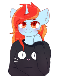 Size: 2000x2500 | Tagged: safe, artist:etoz, oc, oc only, unicorn, anthro, anthro oc, arm hooves, blushing, clothes, commission, digital art, ear fluff, female, high res, looking at you, mare, raised hoof, shirt, simple background, smiling, solo, transparent background, ych result