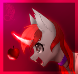 Size: 714x679 | Tagged: safe, artist:kassandravuds, oc, oc only, oc:zenatura, pony, unicorn, apple, commission, digital art, ear fluff, female, food, glowing horn, gradient background, horn, magic, mare, red hair, red mane, signature, solo, telekinesis, ych result